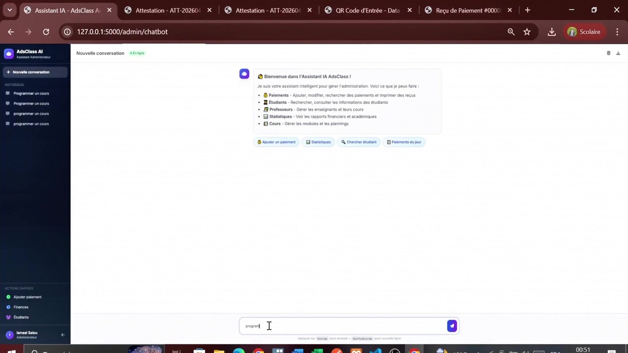 Aperçu de la démonstration d'ADSClass, plateforme de gestion académique ADS ONEHUB